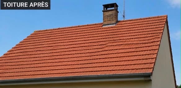 Même toiture après démoussage, tuiles propres et couleur d'origine retrouvée